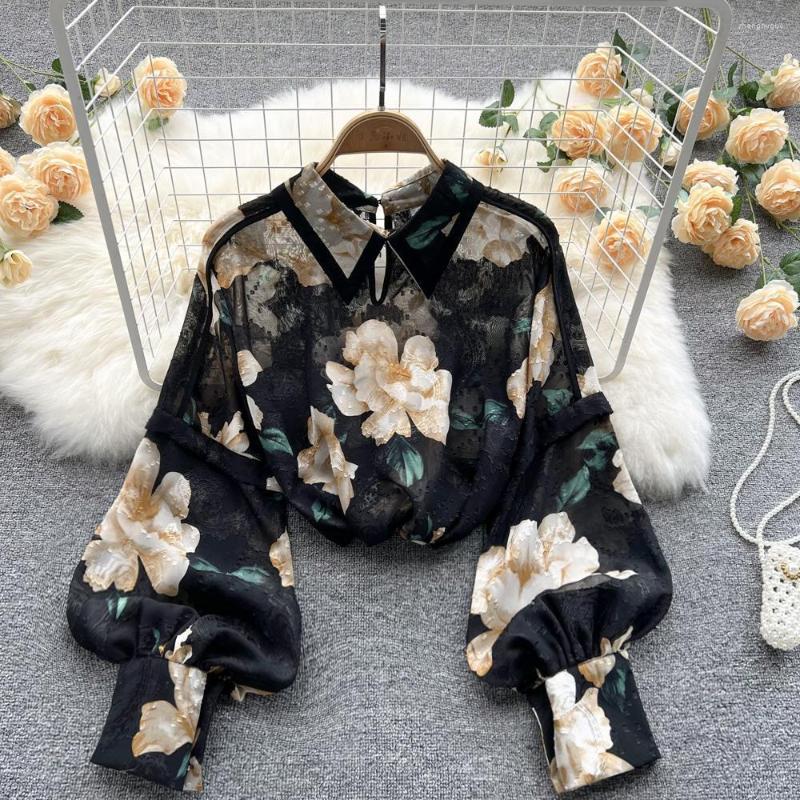 

Women's Blouses Spring Autumn Vintage Elegant Fashion Printing Single Breasted For Women 2023 Long Sleeve Chic Korean Top Blouse, Yellow