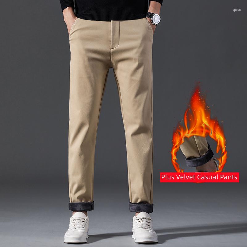 

Men's Pants 2023 Winter Men's Plus Velvet Thick Casual Korean Slim Business Straight Warm Cotton Trousers Classic Brand Clothes, Black