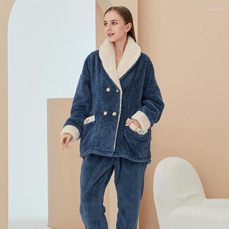 

Women's Sleepwear Thickened Winter Warm Pajamas Set Women Coral Velvet Pink Flannel Long Sleeve Home Suit Pyjamas Loungewear