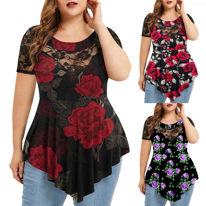 

Women's T Shirts Plus Size Womens Summer Short Sleeve Blouse Ladies Casual Dressy O Neck Tunics Lace Tops Flowers Printing Female, Black