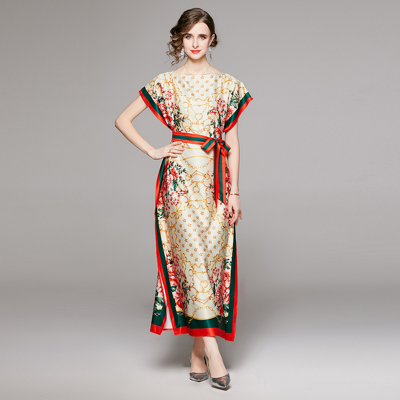 

2023 Casual Vacation Summer Print Maxi Dress Women Designer Sleeveless Slash Neck Beach Boho Dresses Elegant Robe Sweet Chic Ladies Lace Up Bow Floral Party Frocks