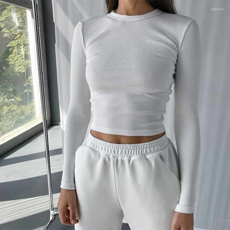 

Women' T Shirts Women Round Neck Long Sleeve Basic Skinny Crop Top Plain Solid Color Ribbed Knit Bodycon Slim Fitted T-Shirt Streetwear, Brown