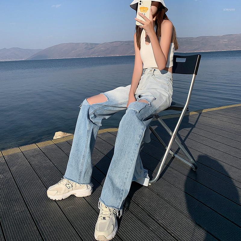 

Women' Jeans Boyfriend Summer Denim Women Hole Ripped Designer Korean Long Pants Loose Straight Trousers Casual Pockets Tassel, Blue