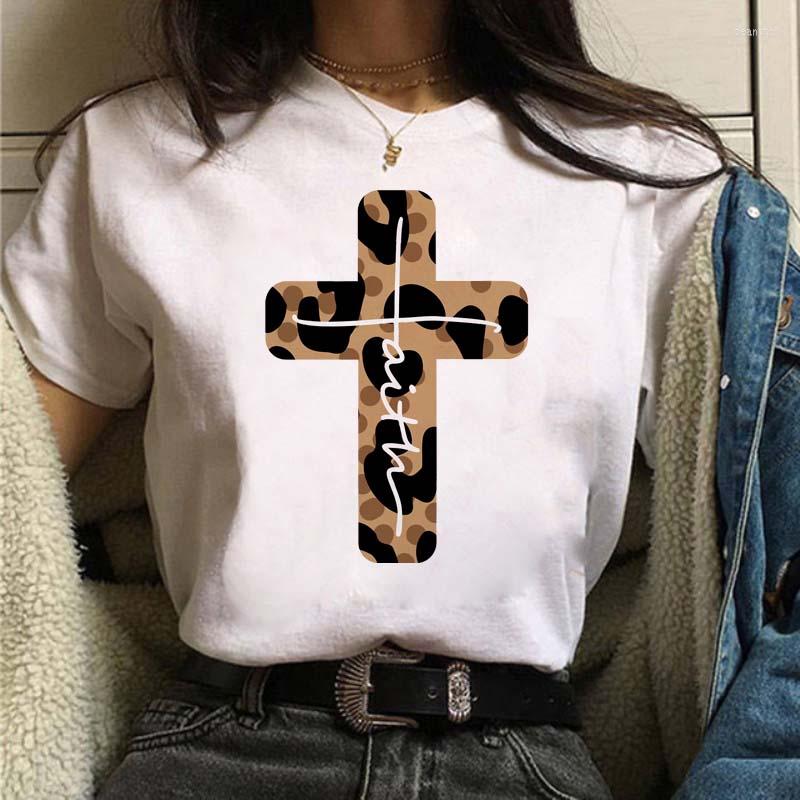 

Women' T Shirts Fashion Leopard The Cross Print Shirt Women Summer Short Sleeve White T-shirt Lady Tees Harajuku 90s Tops Female Tshirt, 36648