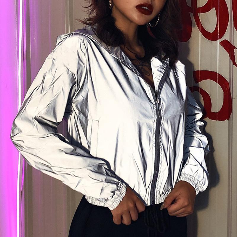 

Women' Jackets Women Reflective Jacket Zipper Up Outfit Spring Autumn Hoodie Long Sleeve Windbreaker Solid Color Outwear, Picture shown