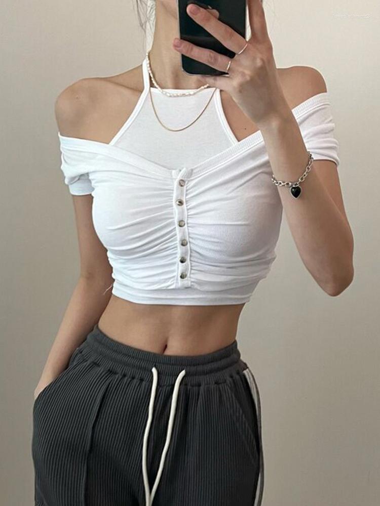

Women' T Shirts Hollow Out Ruched Chic White Shirt Summer Short Sleeve Single Breated Korean Grey Casual 90S Aesthetic Tee Knitted, Gray