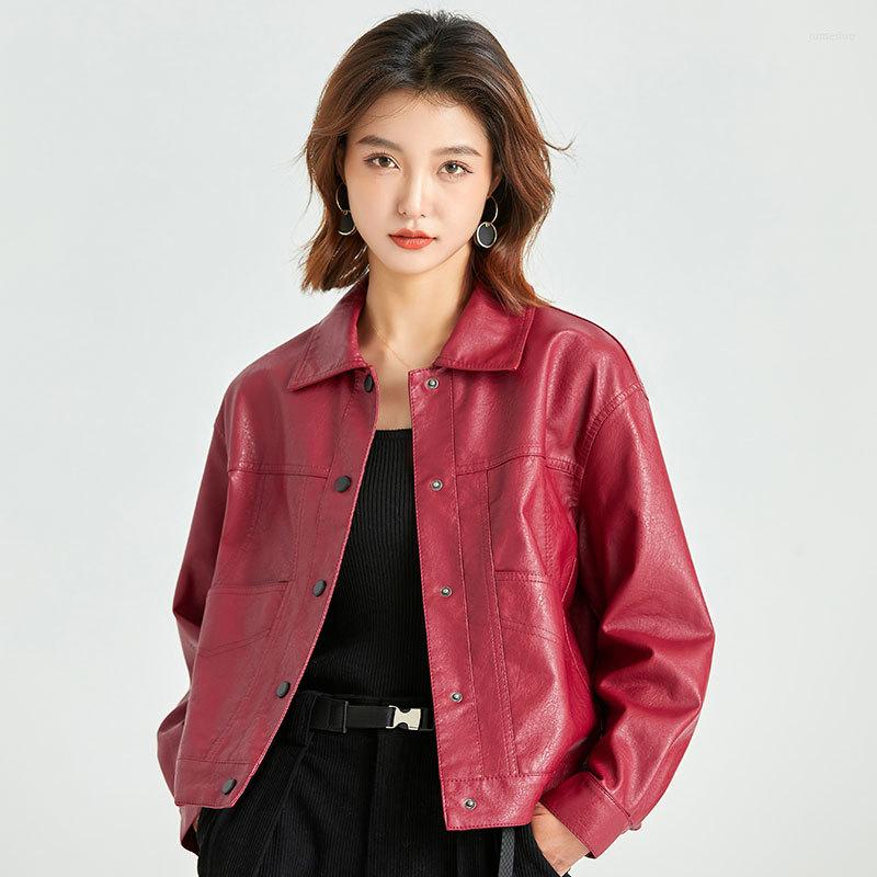 

Women's Jackets Spring And Autumn Women's Leather Short Coat Slim Versatile Fashion Motorcycle Wear Jacket Solid Color, Red