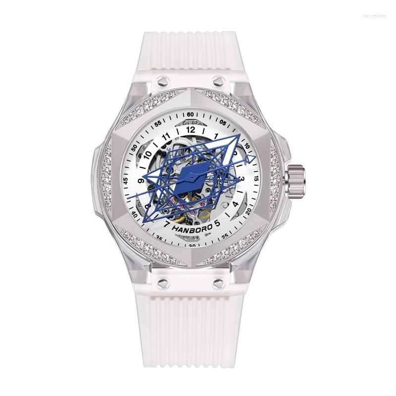 

Wristwatches HANBORO Mens Luxury Watches Dress Automatic Wristwatch Luminous Skeleton Dial Austria Crystal Silicone Strap Hexagonal Bezel, Automatic watch 1