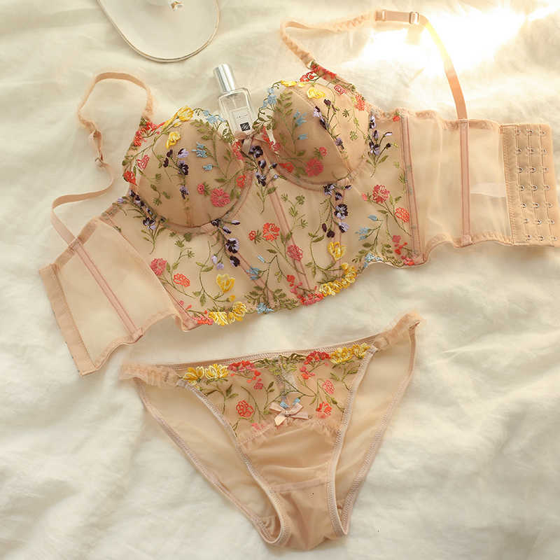 

Ladies Bra Set 2 Piece Lace Women Floral Embroidery Thong Panty and for, Apricot