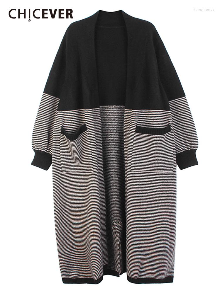 

Women's Knits CHICEVER Striped Sweater For Women V Neck Long Sleeve Patchwork Pokcet Hit Color Loose Knitting Sweaters Female Autumn, Gray