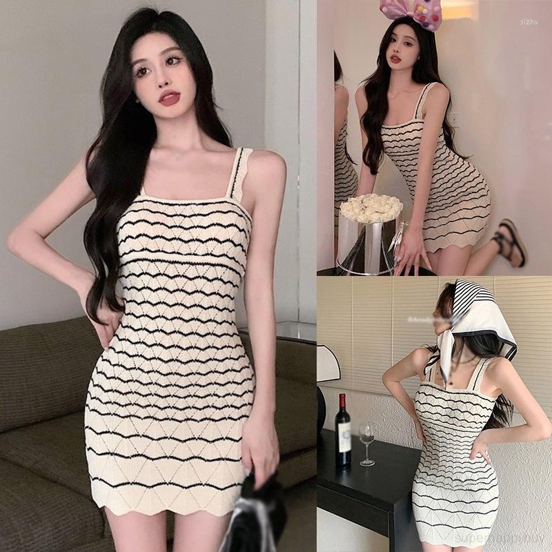 

Casual Dresses Woman's Stripe Sleeveless Dress Knitted Slim Suspenders, Beige