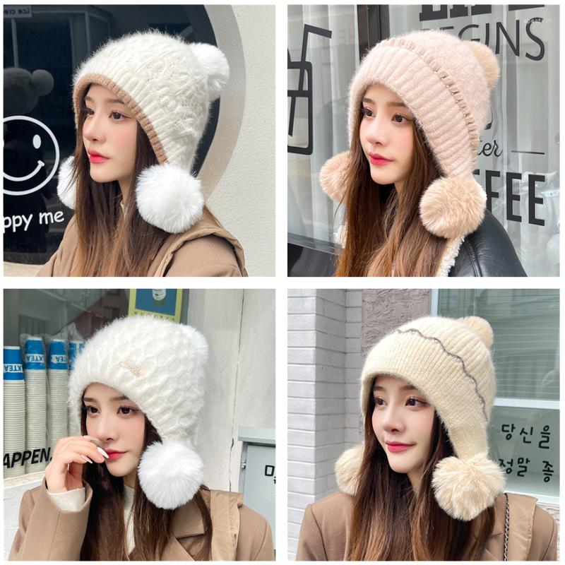 

Berets Women Winter Hat With Three Pompom Fur Knitted Beanie Velvet Thick Ear Protect Cap Keep Warm Hats For Bonnet, Dym001-6