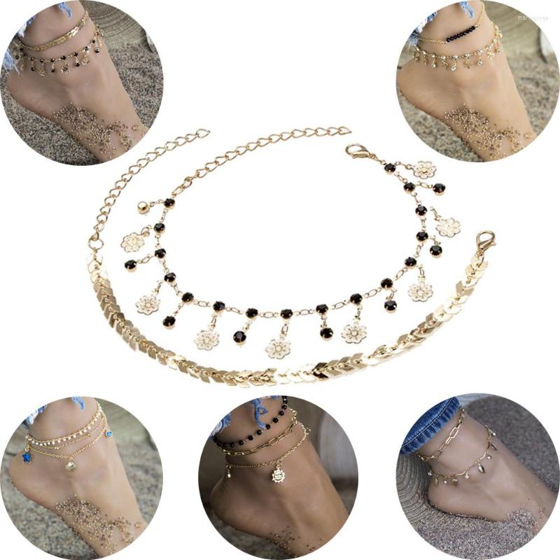 

Anklets 2/3Pcs Leaf Black Rhinestones Hollow Flower Female Moon Star Bohemian Anklet Set Leg Chain Ankle Bracelet