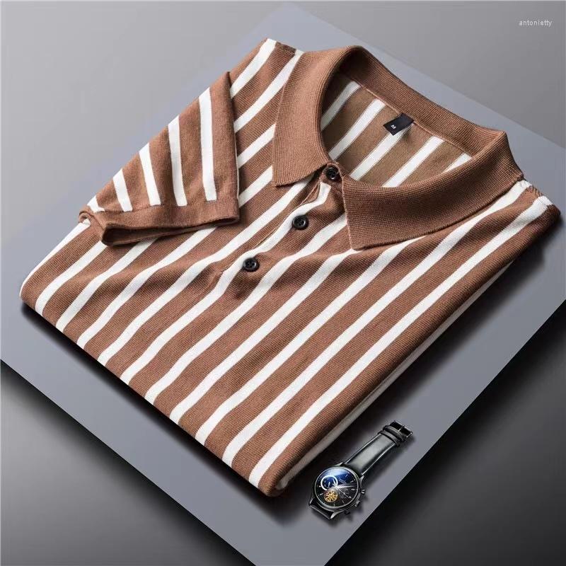 

Men's Polos 2023 Knitted Stripe Color Matching Polo Shirt Men's Summer Trend Slim Fit High-end Ice Silk T-shirt Lapel Short Sleeve, Black