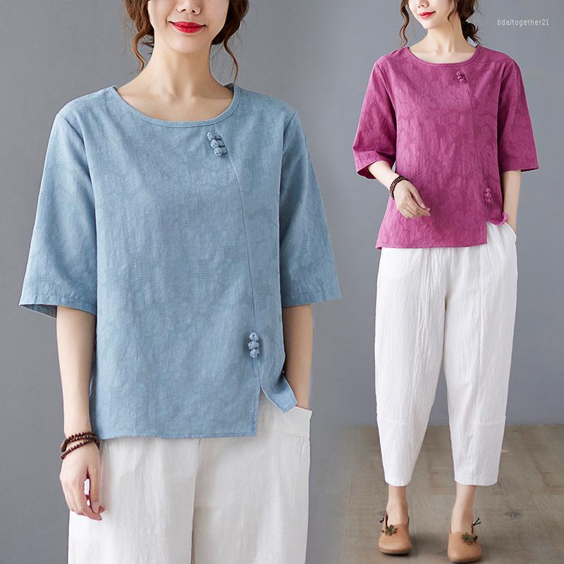 

Women's T Shirts Cotton Linen Short Sleeved Shirt 2023 Summer Retro Jacquard Tee Loose Solid Color Casual Chinese Knot Button Top, Blue