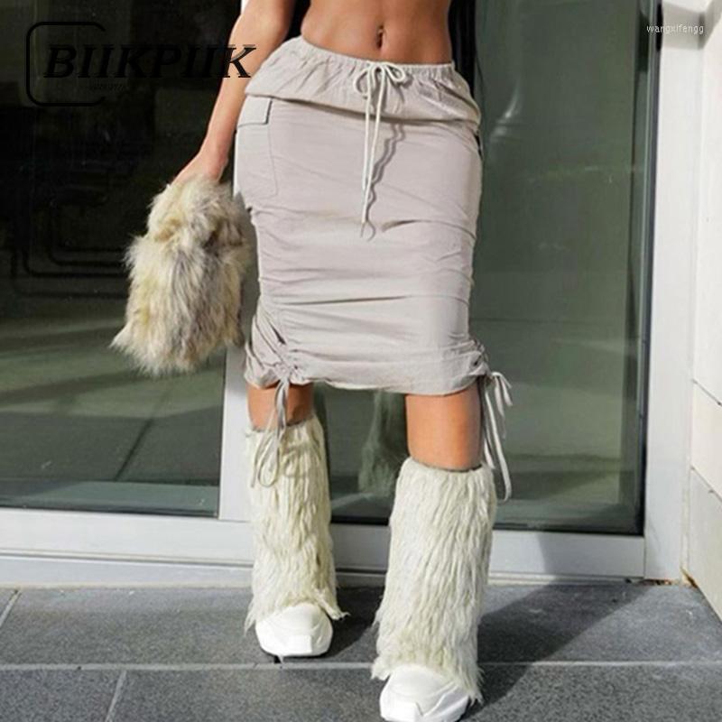 

Skirts BIIKPIIK Pockets Retro Midi Lace Up Shirring Solid For Women Streetwear Low Waist Outfits Spring Concise, Skin