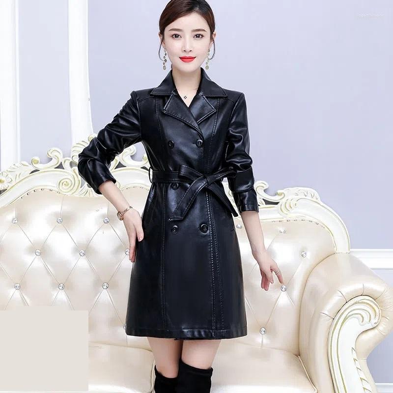 

Women' Leather 2023 Autumn Winter Women Outerwear Coat Faux Sheepskin Jacket Long Windbreaker Add-cotton Belt Overcoat Oversize -7XL, Ordinary dark green