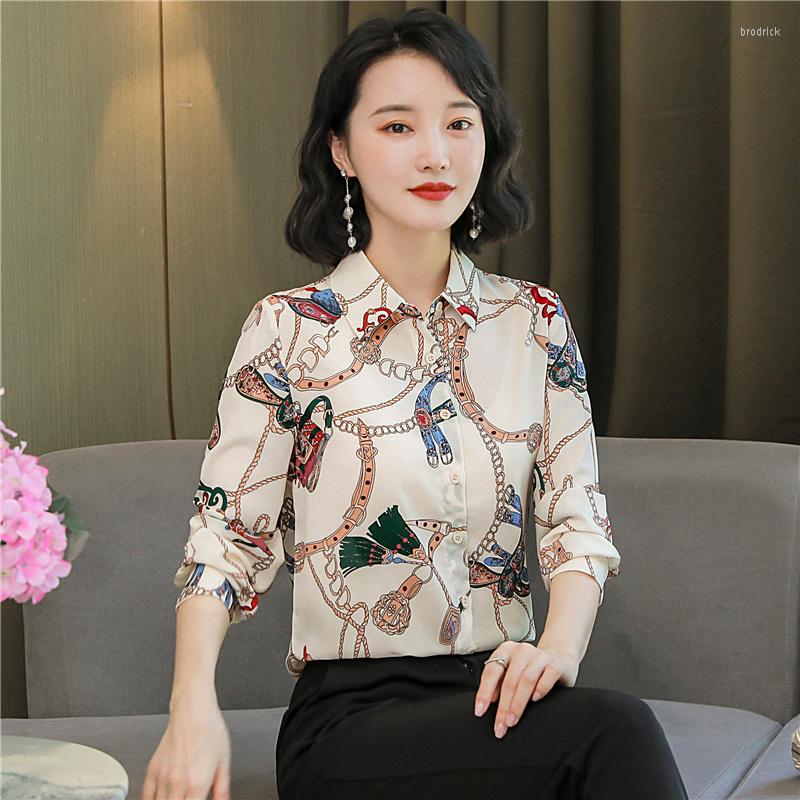 

Women' Blouses Fashion Chain Print Chiffon Shirt Women Blouse Casual Long Sleeve Spring Summer Loose Shirts Female Tops Clothing 2023, Beige