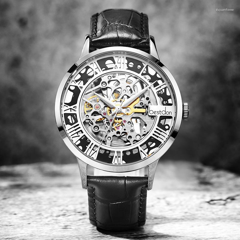 

Wristwatches Don Skeleton Watches Mechanical Automatic Watch Men Sport Clock Leather Casual Business Wrist Relojes Hombre, Silver
