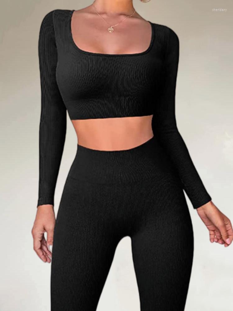 

Women' Two Piece Pants Women 2 Yoga Outfits Long Sleeve Ribbed Crop Top High Waist Leggings Set Casual Work Out Exercise Tracksuits, Black