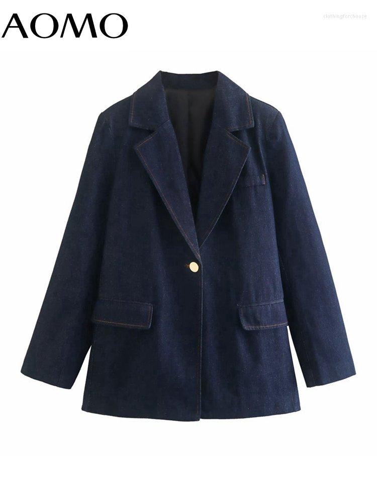 

Women's Suits AOMO Women 2023 Fashion Denim Blazer Coat Vintage Long Sleeve Female Outerwear QD148A, Dark blue