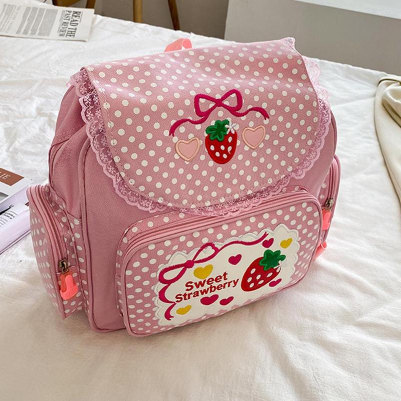 

School Bags Kawaii Outdoor Daypack Cute Strawberry Embroidery Student Mochila Dots Multi-Pocket Nylon Fashion College For Teen Girls, Picture shown