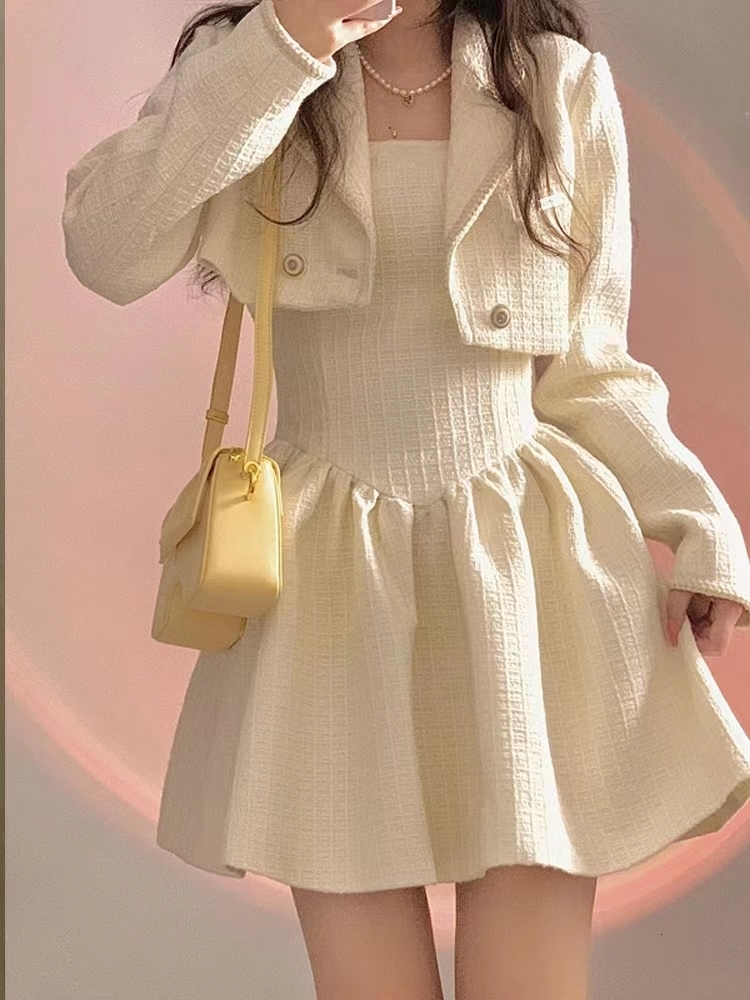 

Two Piece Dress Autumn Elegant Two Piece Dress Set Women Blazer CoatOff Shoulder Mini Dress Set Female French Slim Y2k Vintage Dress Suit 230213, Coat