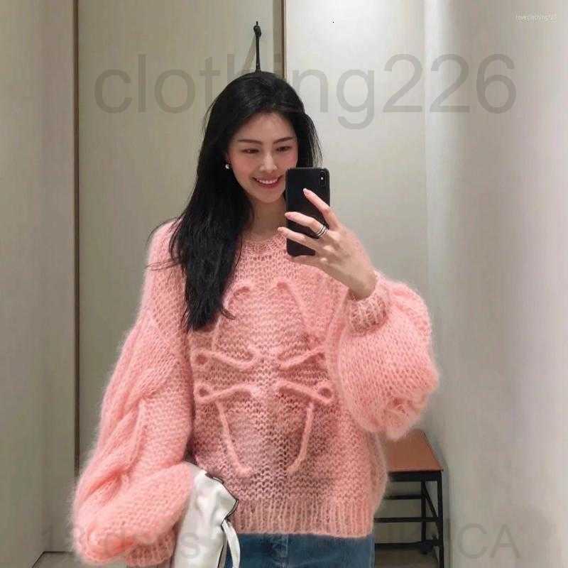

designer Women's Sweaters Korean Fashion Lantern Sleeve Soft Mohair O Neck Sweater Women Autumn And Spring Pullover Long Knit Top, White