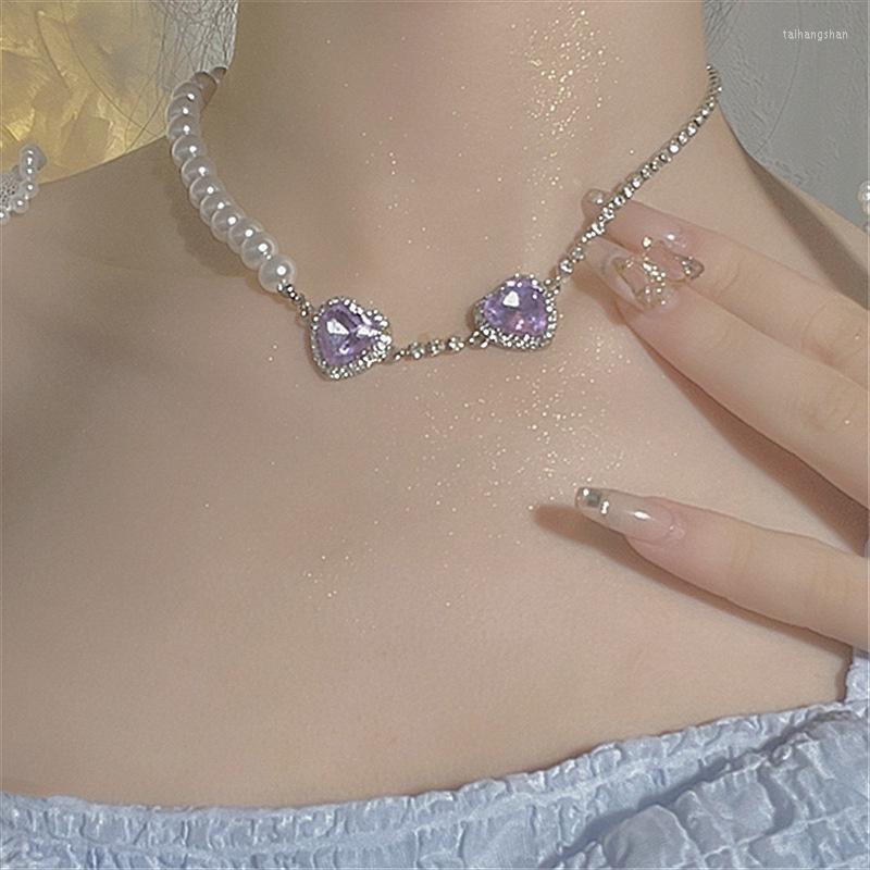 

Pendant Necklaces Elegant Purple Pearl Choker Necklace Women Rhinestone Crystal Heart Jewelry For Valentines Birthday Girl Friend Gift