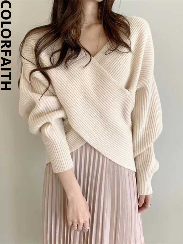 

Women s Sweaters Colorfaith SW3869JX 2023 Chic Korean Fashion V Neck Cross Elegant Wild Vintage Knitted Women Autumn Winter Tops 230213, Camel