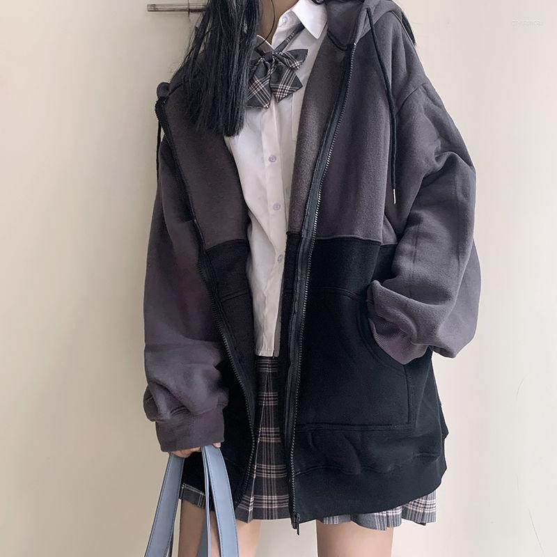 

Women' Jackets Deeptown Japanese Fashion Harajuku Jacket Women Zipper Hooded Oversized Vintage Korean Streetwear College Style Female, Grey