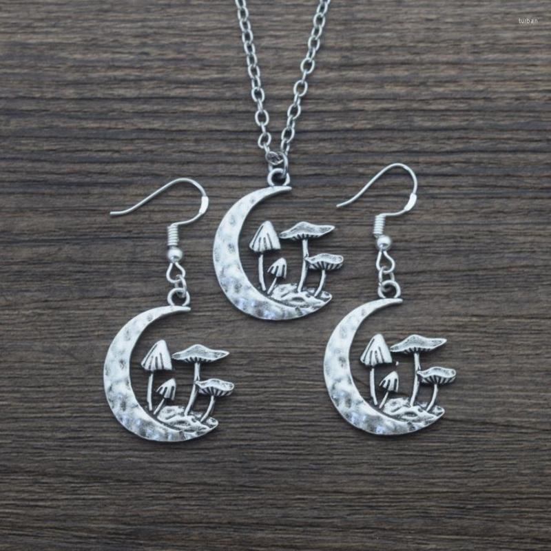 

Necklace Earrings Set Vintage Metal Pendant Plant Mushroom For Women Girl Fashion Jewelry, Picture shown