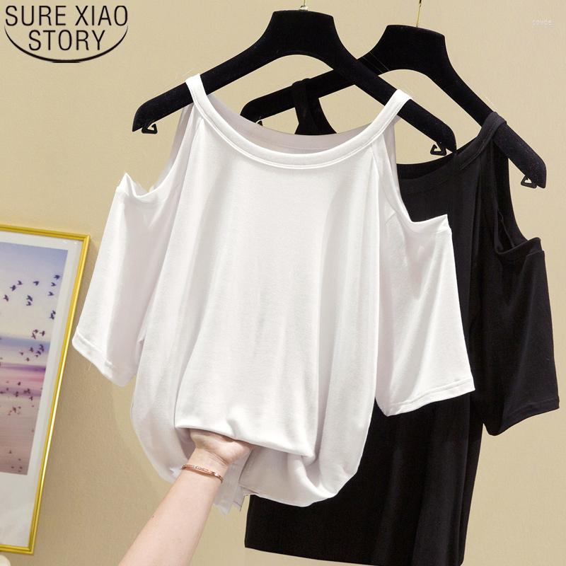 

Women's T Shirts Women White Cotton Shirt 2023 Summer Off Shoulder Short Sleeve Round Collar Tees Tshirt Casual Ladies Tops 9485 50