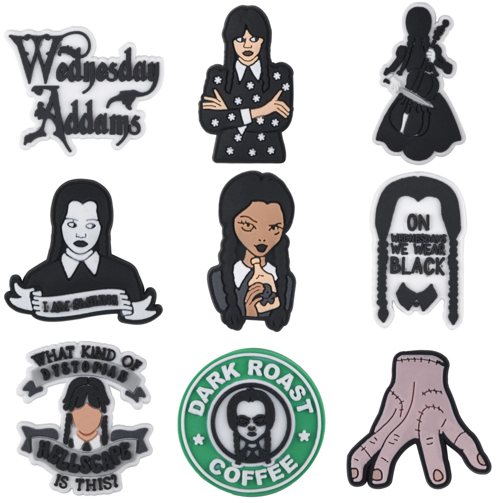 

2023 PVC Wednesday Addams Family Croc Shoe Charms fit Wristband Buckles Accessories red heart gift for friend Avatar Friday