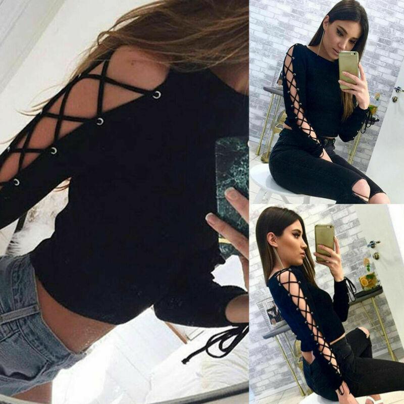 

Women' T Shirts 2023 Fashion Women Casual Long Sleeve Hollow Out Bandage Crop Top Loose T-Shirt, Picture shown