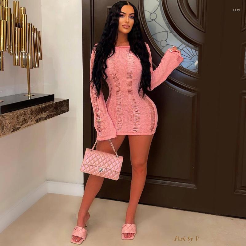 

Casual Dresses Hollow Out Mini Knitting Dress Women Sexy See Through Long Sleeve Bodycon Night Clubwear Knitted Party Vestidos, Black