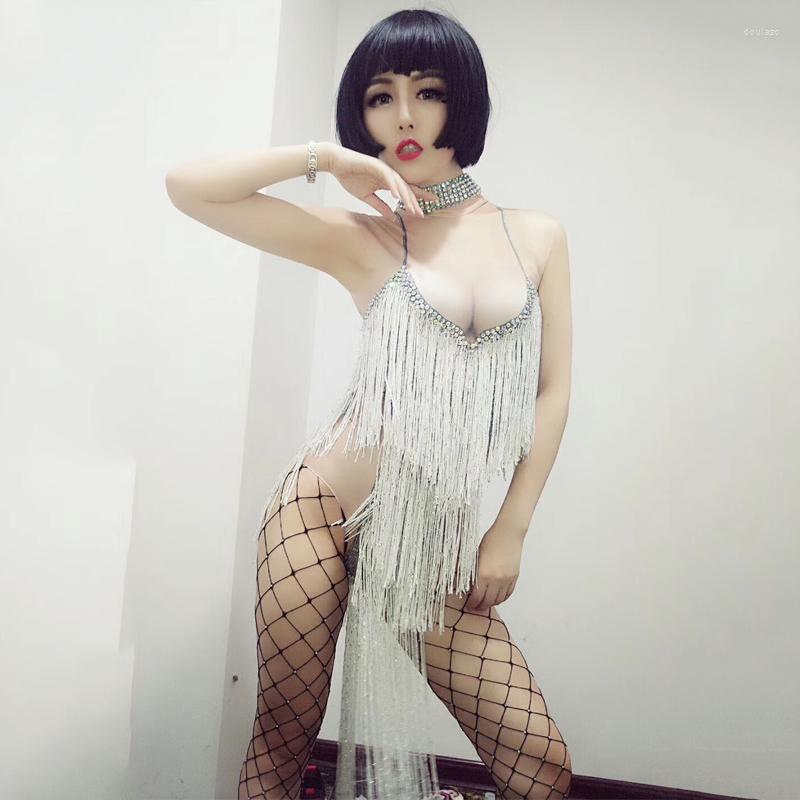 

Stage Wear Fashion White Sexy Tassels Stretch Dress Nightclub Female Singer Opening Dance Performance Holiday Party Costume DJ380