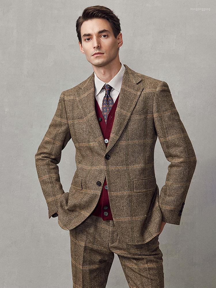 

Men's Suits 50% Wool Brown Big Plaid Set Blazer Pant Slim Fit Luxury Formal Fashion Wedding Groom Wear Casual Gentleman Clothing 46A