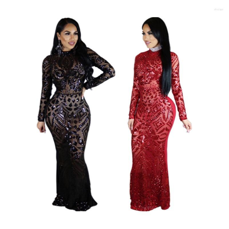 

Casual Dresses Sequins Sheer Mesh Patchwork Maxi Club Party Dress, Black