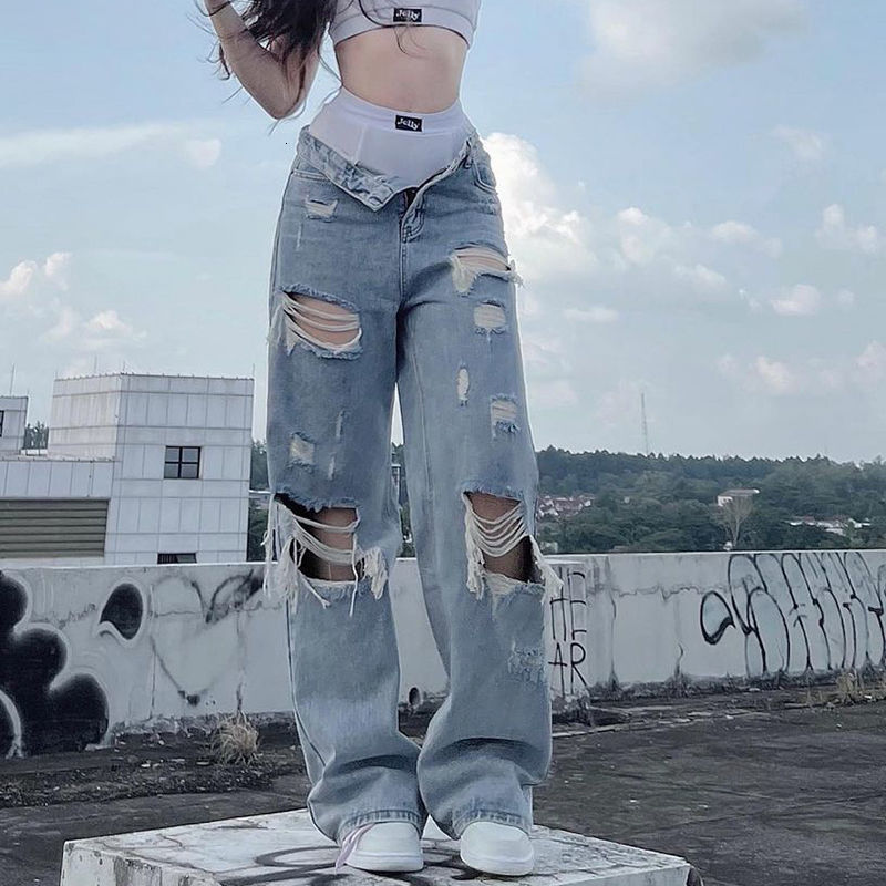 

Women s Jeans Streetwear Straight Pants Ladies Ripped Mid Waist Loose Wide Leg Y2K Summer High Street Cargo 230213, Colour2