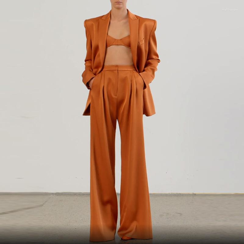 

Women' Two Piece Pants Autumn And Winter 2023 European American Stars Fashion Double Breasted Spinning Satin Suit Wide Leg Women, Light brown