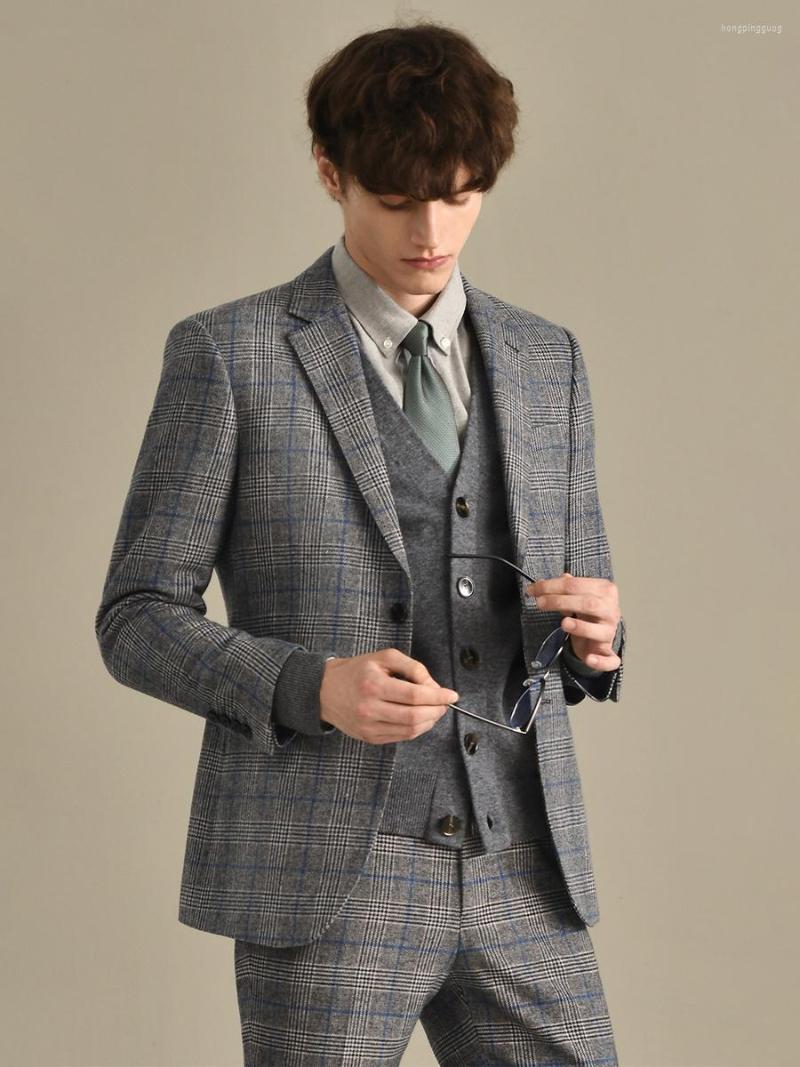 

Men's Suits 50% Wool Blazer Pant Sets For Men Suit Set Wedding Groom Casual Thick Slim Fit Single Breasted Grey Small Plaid 58