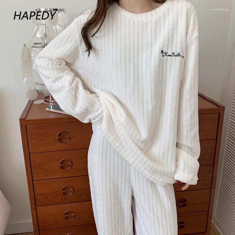 

Women's Sleepwear 2023 Women Winter Flannel Pajama Set Long Sleeve Striped Loungewear Loose Elastic Waist Thick Warm Home Clothing, White