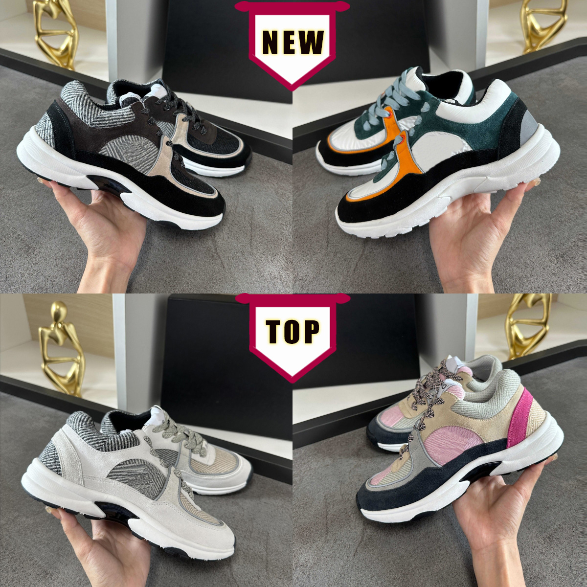 

Designer Calfskin Casual Shoes Reflective Sneakers Vintage Suede Leather Trainers Fashion Platform Patchwork Leisure Shoes Lace-up Print Sneaker, 13