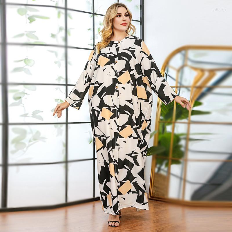 

Ethnic Clothing 2023 Elegant Print Maxi Dress For Women Loose Plus Size O Neck Full Sleeve Muslim Arabic Turkey Clothes