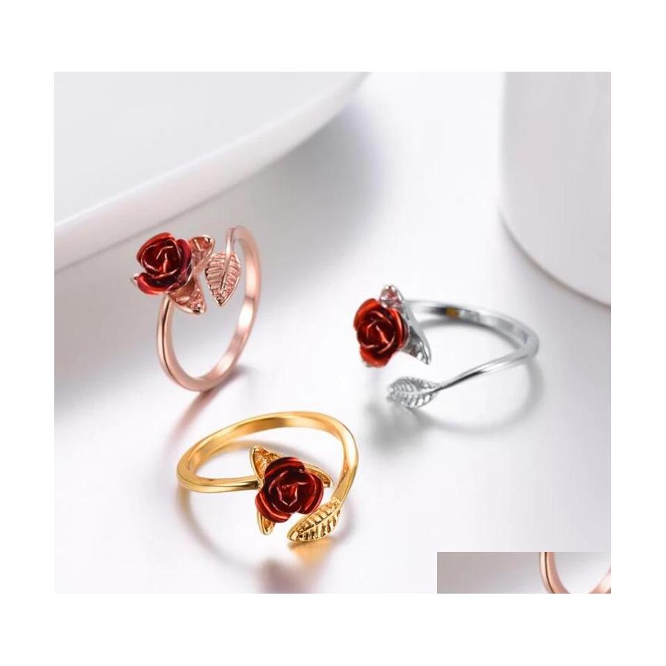 

Band Rings Women Ring Red Rose Garden Flower Leaves Open Resizable Finger For Valentines Day Gift Jewelry Drop Delivery Dhik3