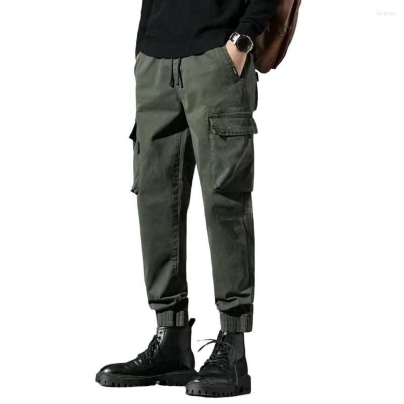 

Men's Pants Men Cargo Multi Pockets Solid Color Elastic Waist Ankle-banded Drawstring Match Top Loose Thicken Plus Size Trousers Male, Black