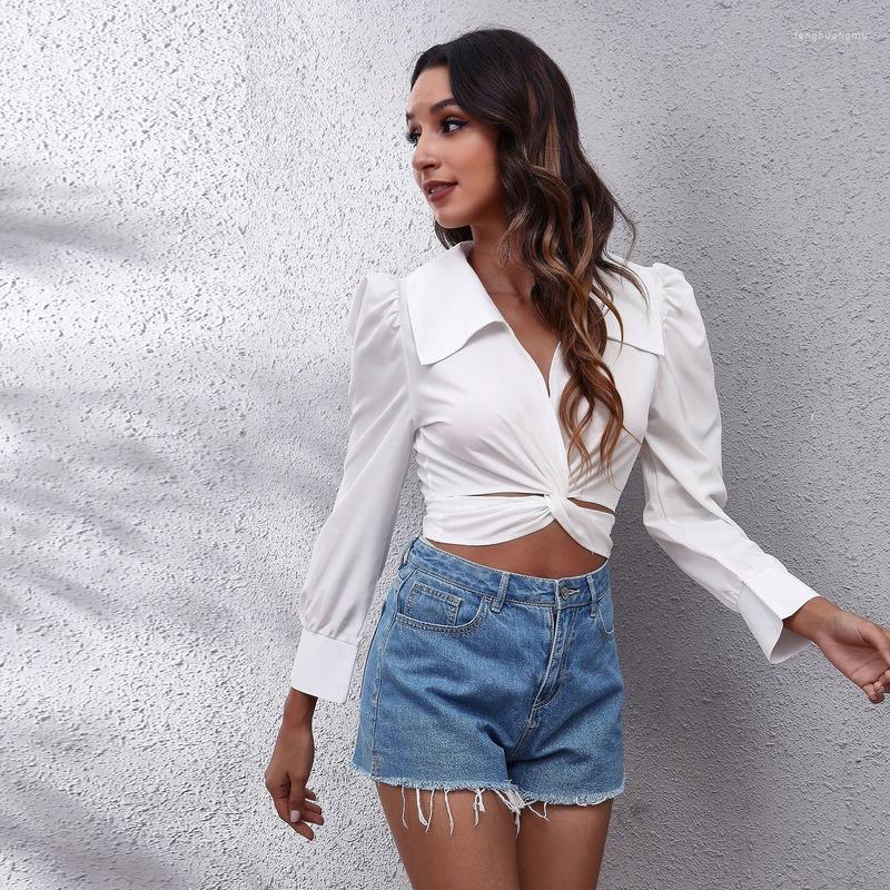 

Women' Blouses 2023 Spring Shirts Front Cross And Back Strapping Puff Sleeves Short Women' Doll Collar Long-sleeved Chiffon, Black