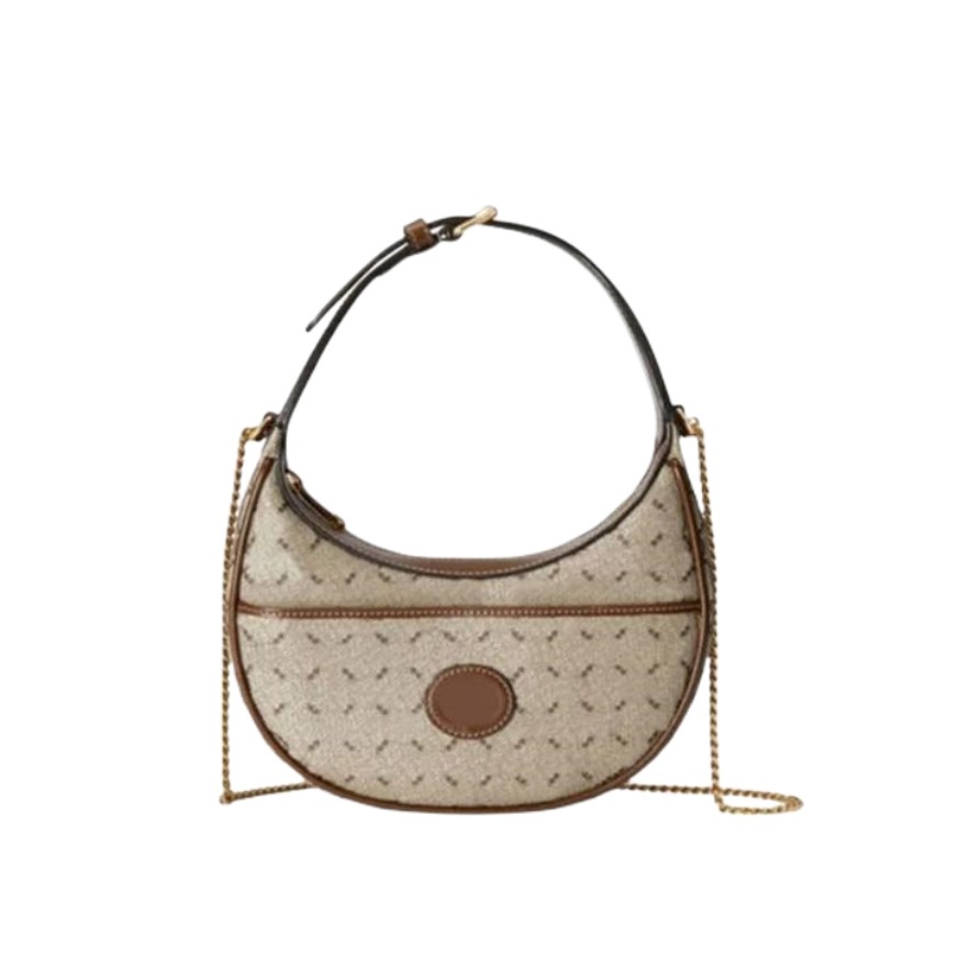 

Designer Half-moon Shaped Mini Bag Crescent Handbag Vintage Purse Retro Chain Crossbody Shoulder Bags Canvas Classic Letter Printed Zipper Closure, Brown
