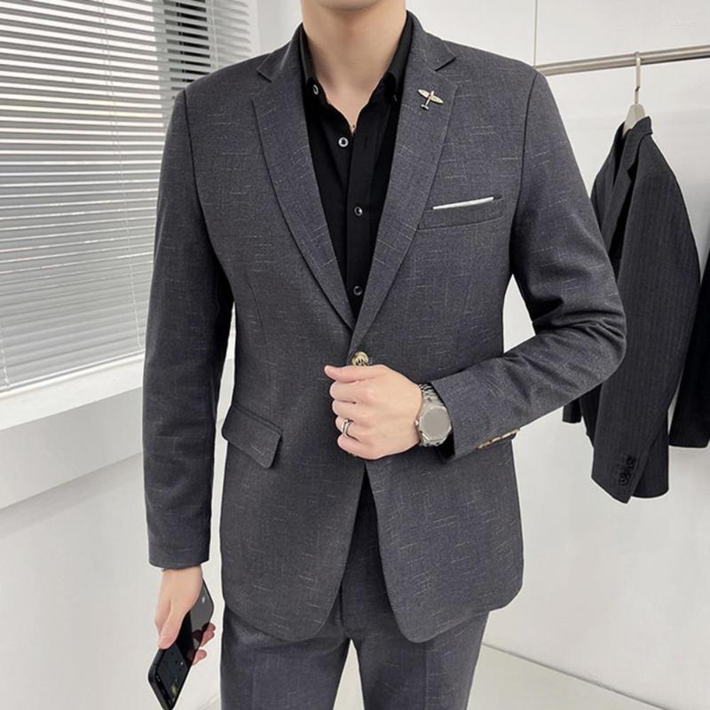 

Men's Suits 1 Set Men Blazer Pants Plaid Turndown Collar Long Sleeve Slim Fit Two Buttons Business Groom Suit Clothes, Black
